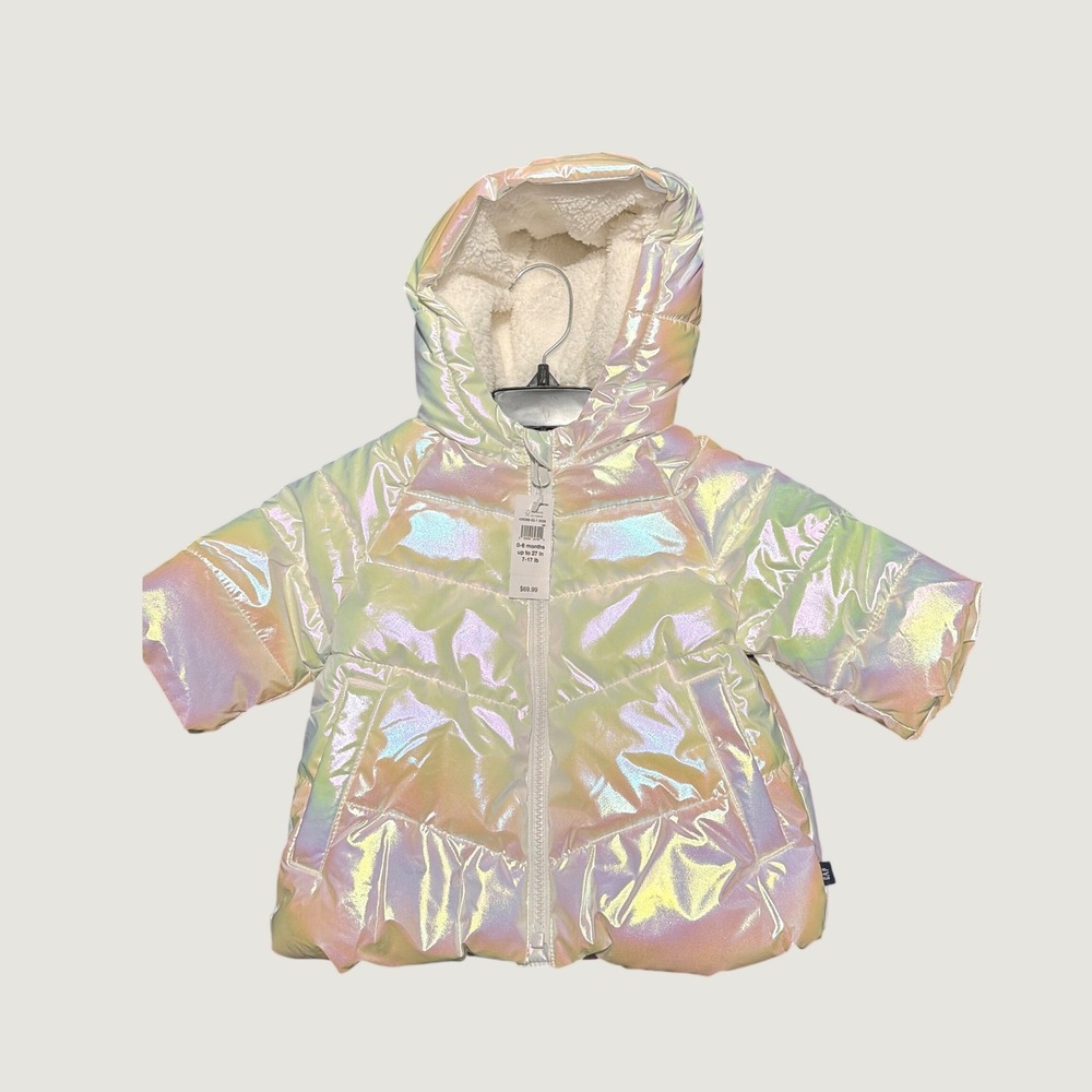 Baby Gap Iridescent Puffer Jacket Sherpa Lined Hood Opal 0-6 Months 426286-03-1